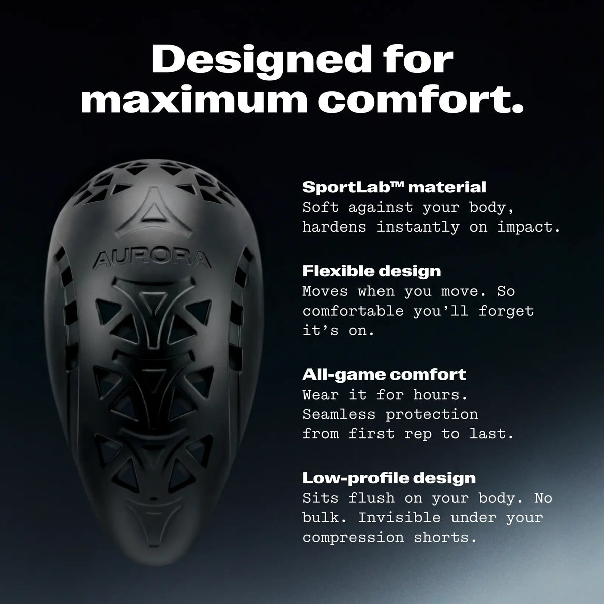 Aurora youth cup features - SportLab material, flexible design, all-game comfort, low-profile fit